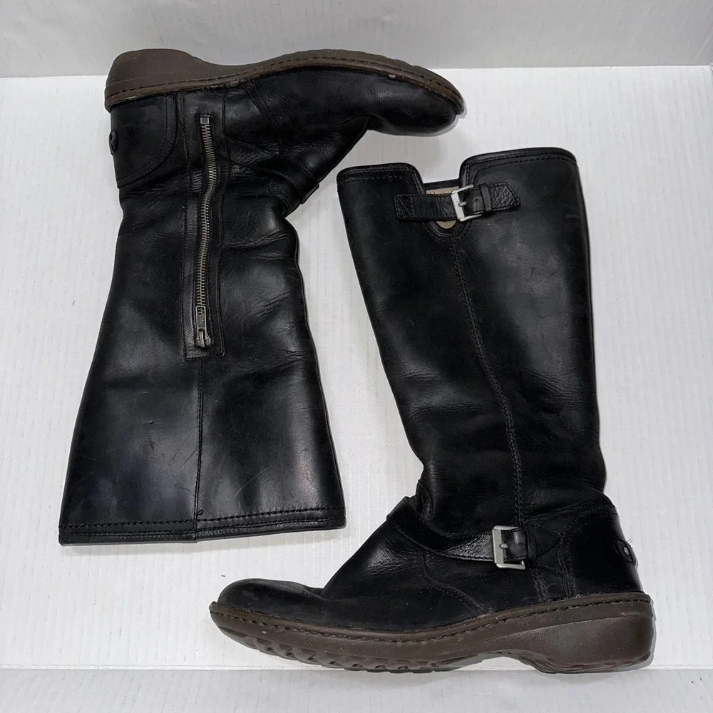 UGG Biker Boots Womens 8 Black Leather Tupelo Mid Calf‎ Zip Buckle Wedge